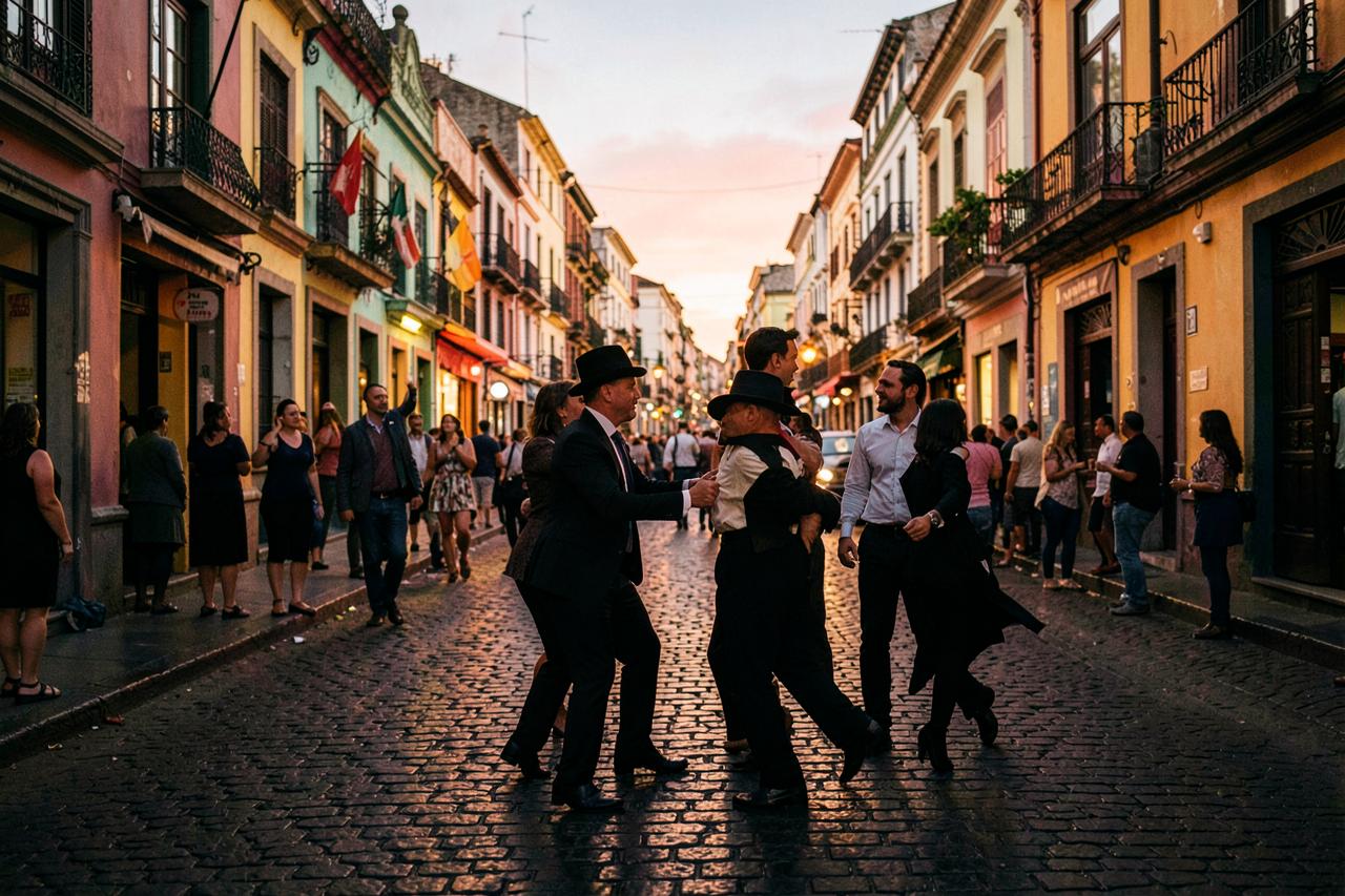 Tanečníci tanga v barevné ulici čtvrti La Boca v Buenos Aires za soumraku
