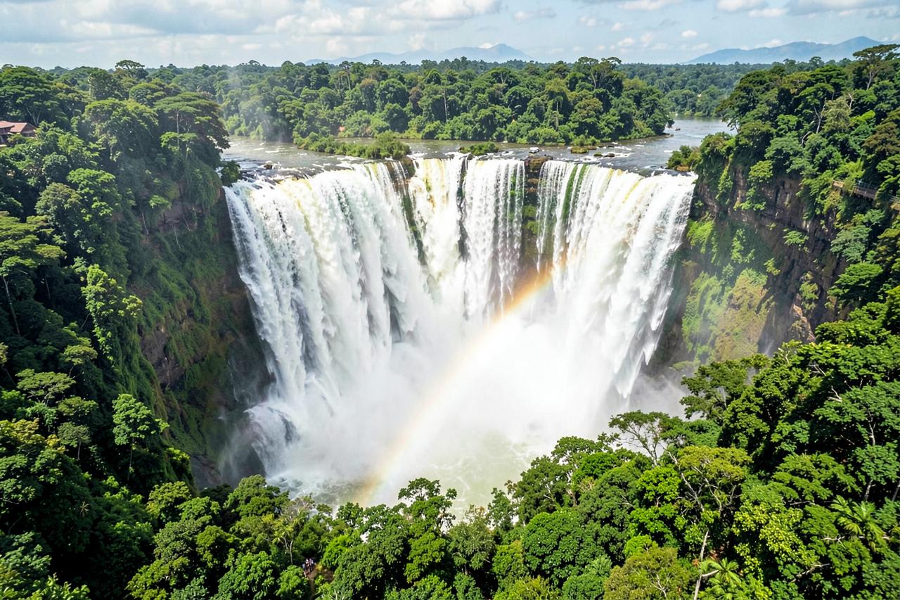 Vodopády Iguazú s duhou nad soutěskou obklopenou pralesem