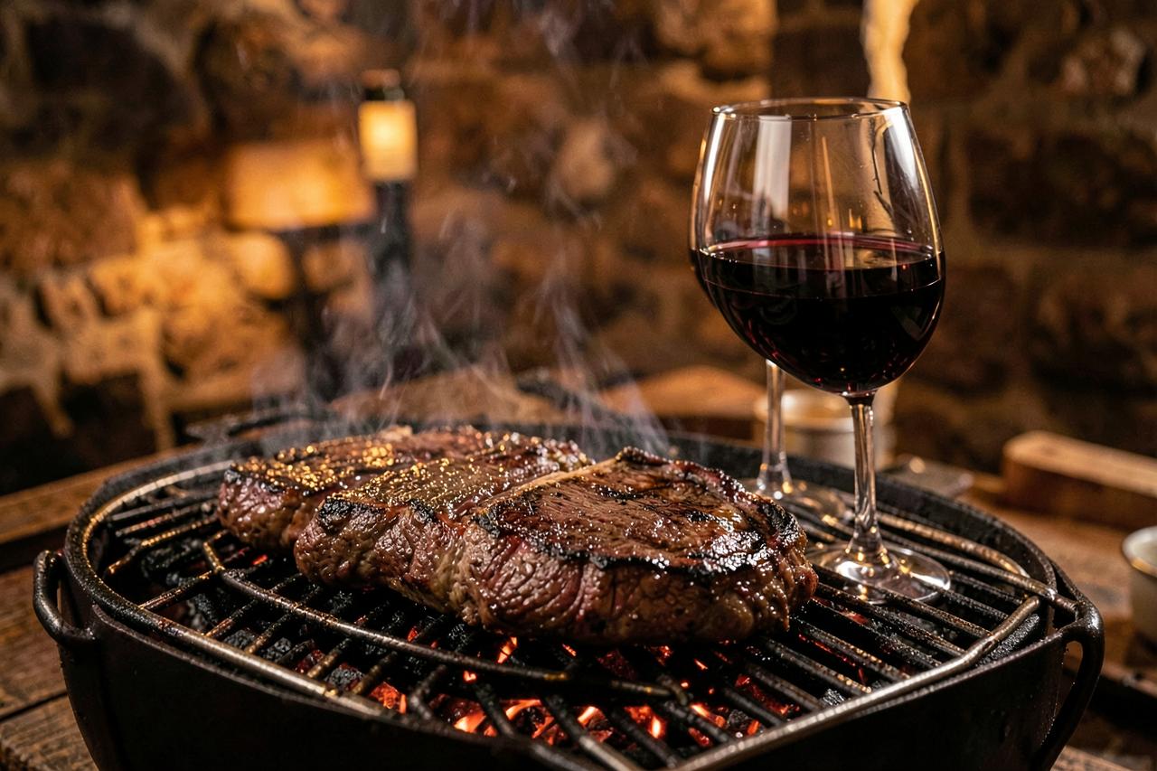 Argentinský steak na grilu a sklenka červeného vína Malbec