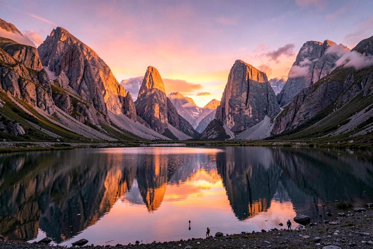 Žulové věže Torres del Paine odrážející se v jezeře za svítání